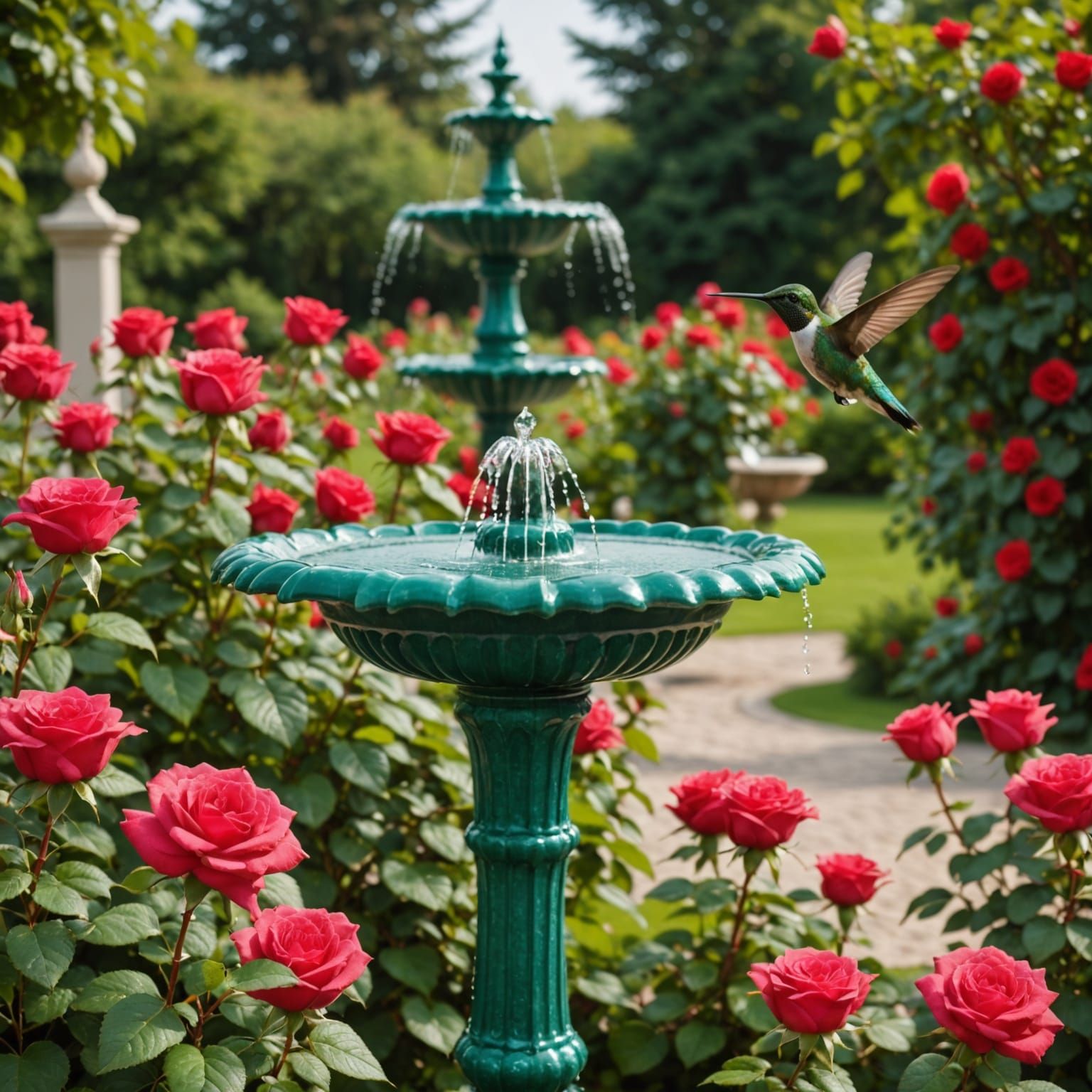 Rose Garden with Emerald Hummingbird and Fountain