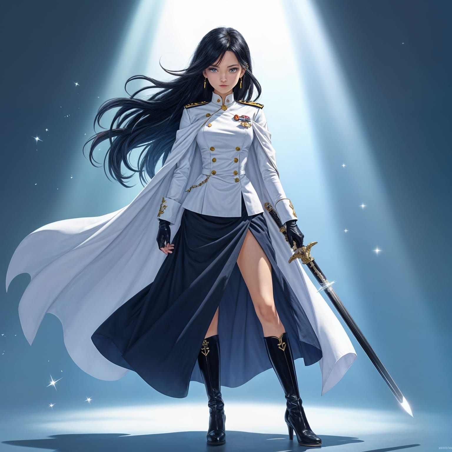 Anime Female Admiral in White Uniform with Sword
