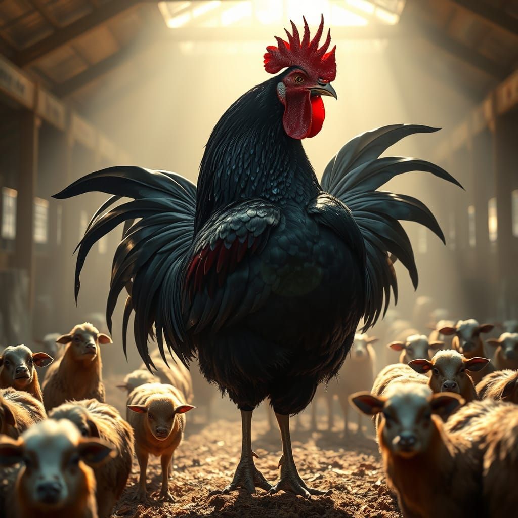 Dramatic Black Rooster in Sun-Drenched Barnyard