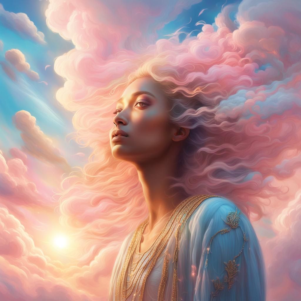 Serene Woman in Pastel Cloudscape: Fantasy Digital Art