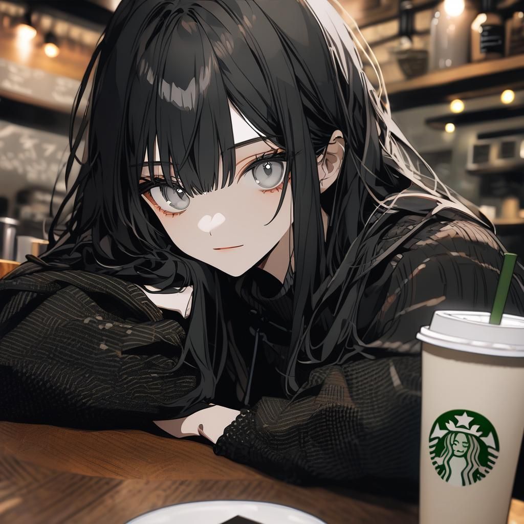 Girl with Black Hair at Cafe
