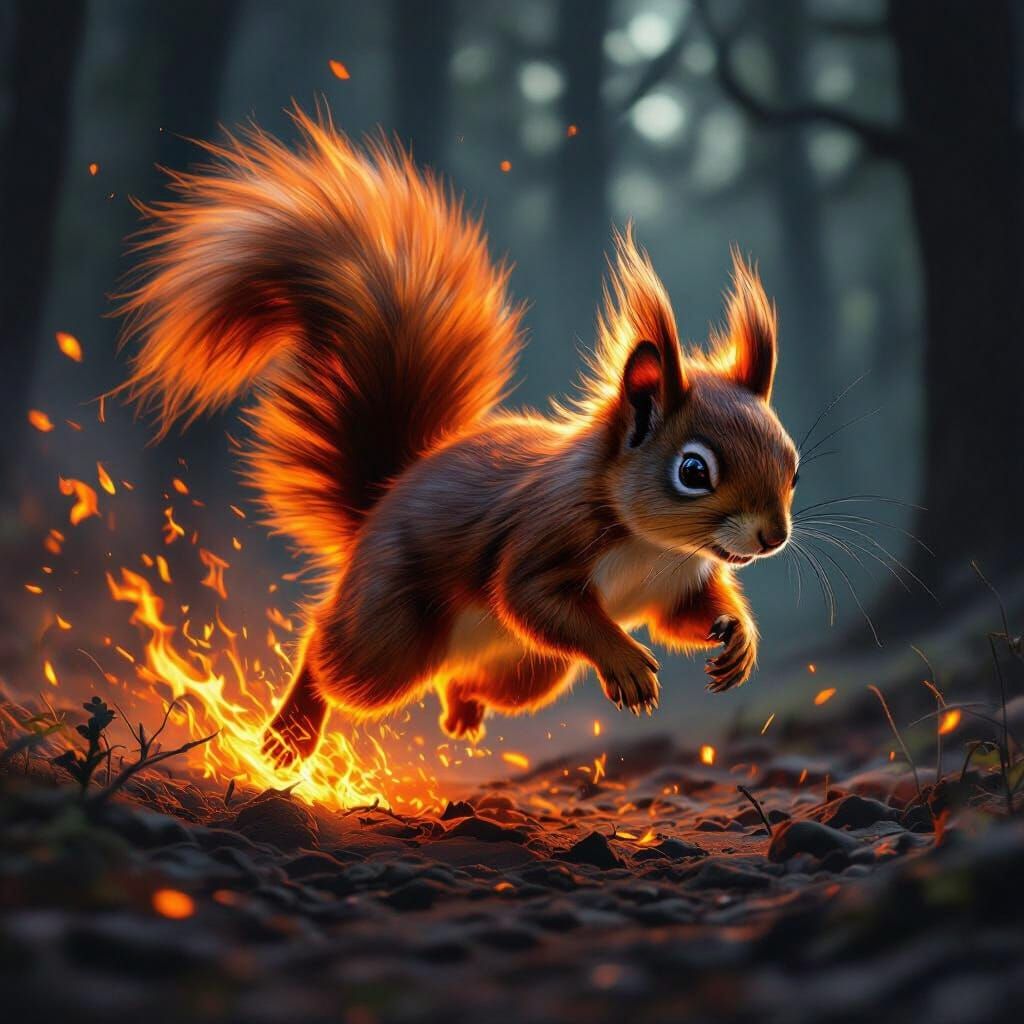 Fiery Squirrel Leaping Through Smoky Forest