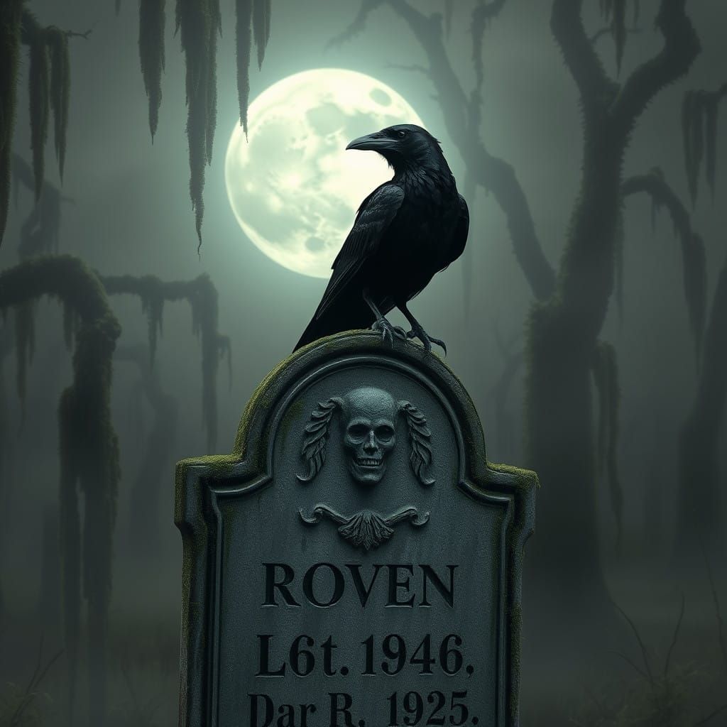 Mysterious Swamp Scene with Decrepit Raven