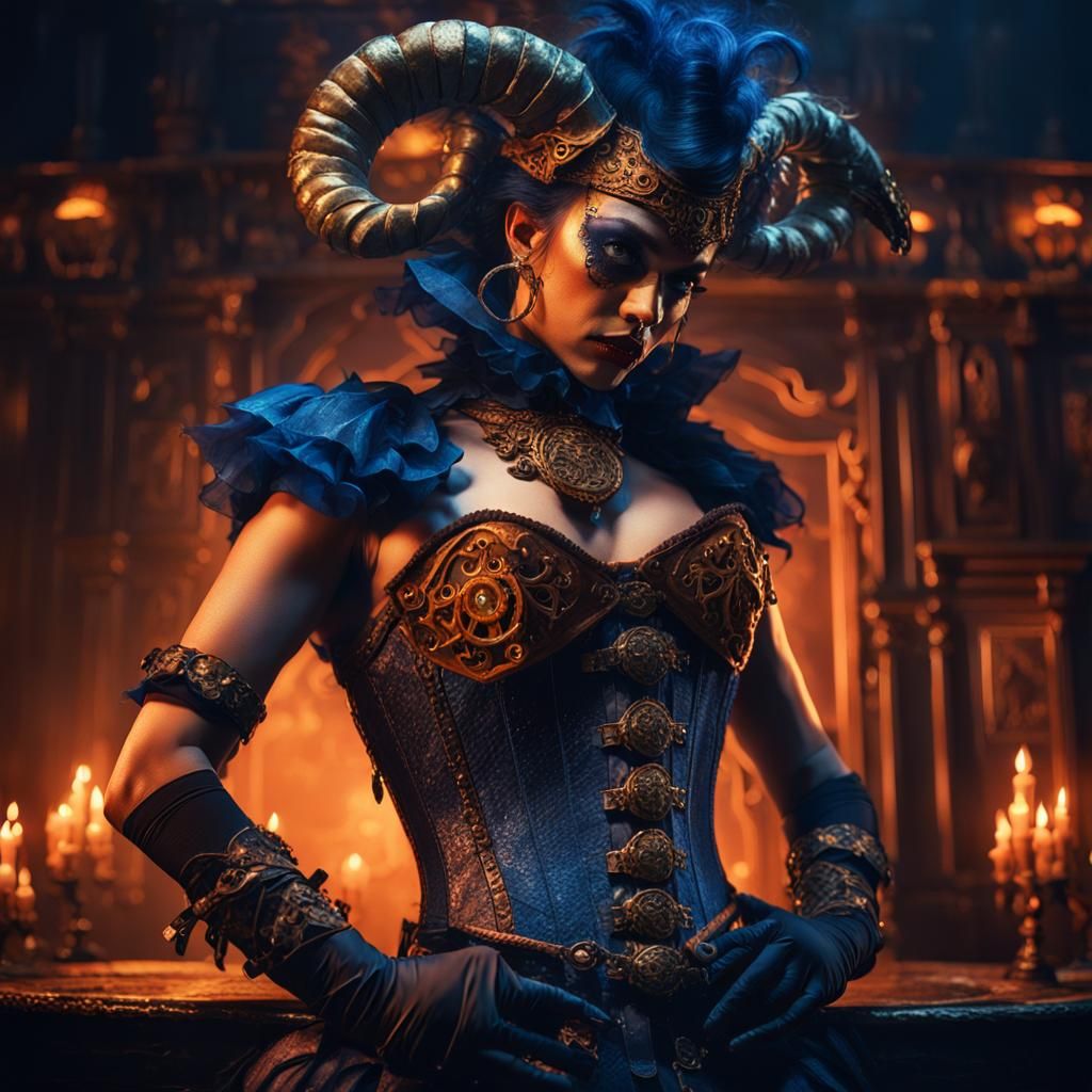 Tiefling Burlesque Dancer in Steampunk Cabaret