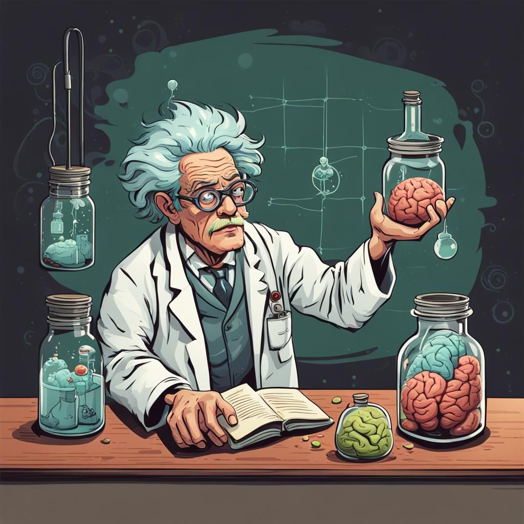 Mad Scientist Holding Brain in Jar
