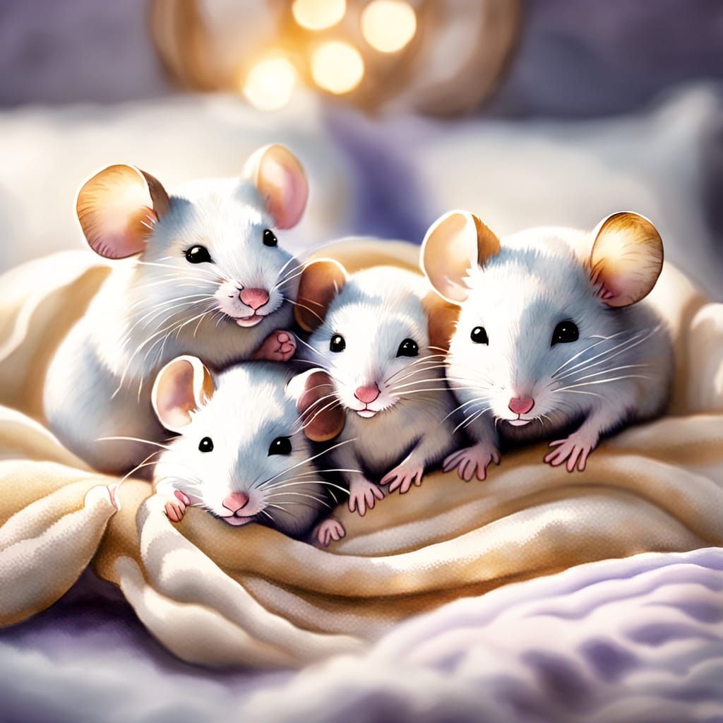 Sweet family of mice in bed with a purple blanket