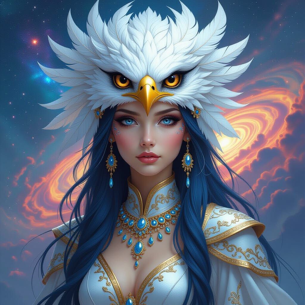 Ethereal Eagle-Feathered Woman in Cosmic Dreamscape