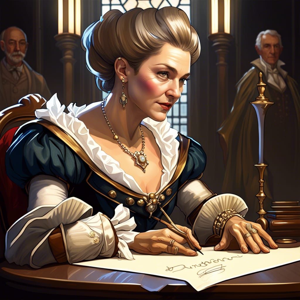 Elizabethan Aristocrat Signing Declaration: Detailed Portrai...