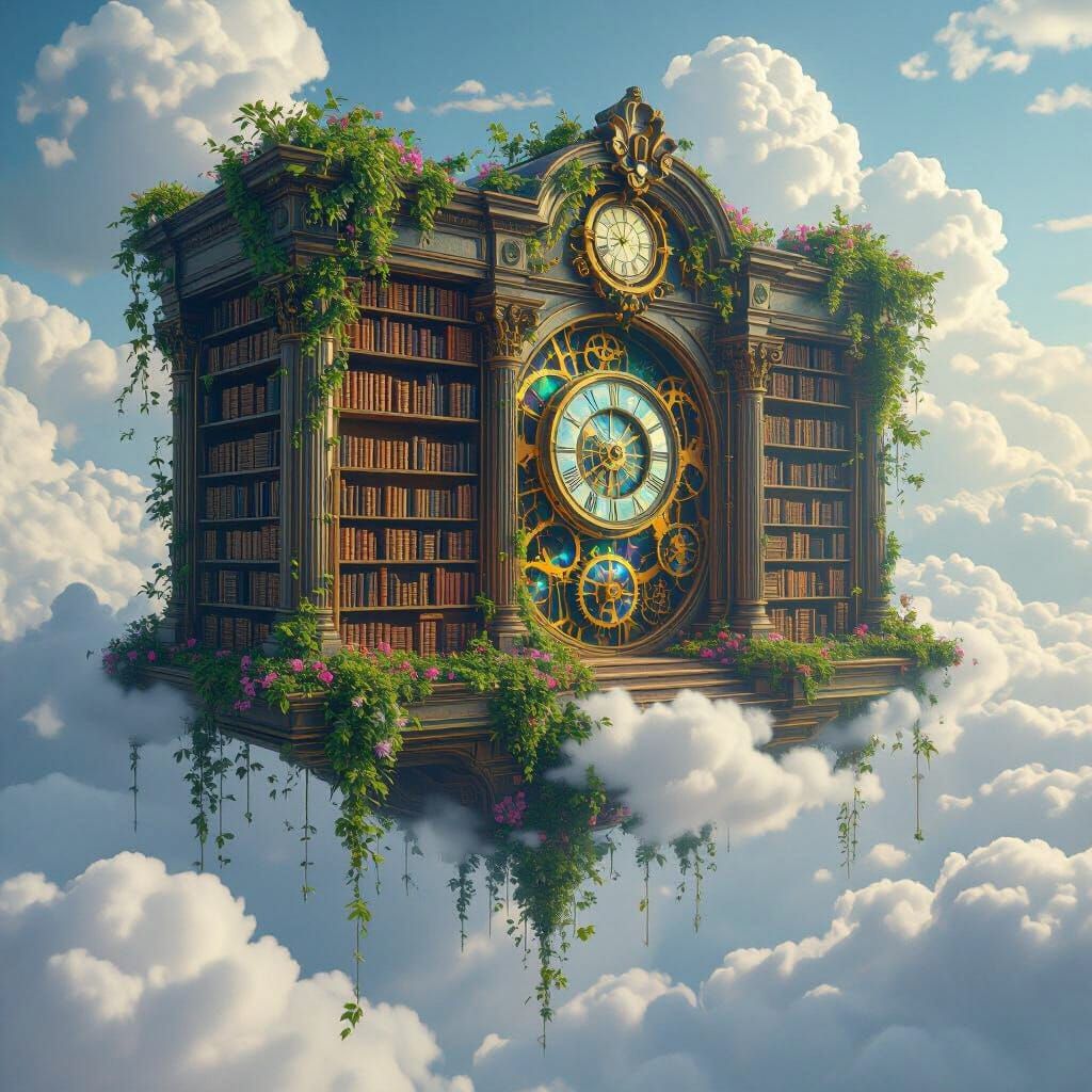 Floating Sky Library: Nature Reclaims Clockwork Gears