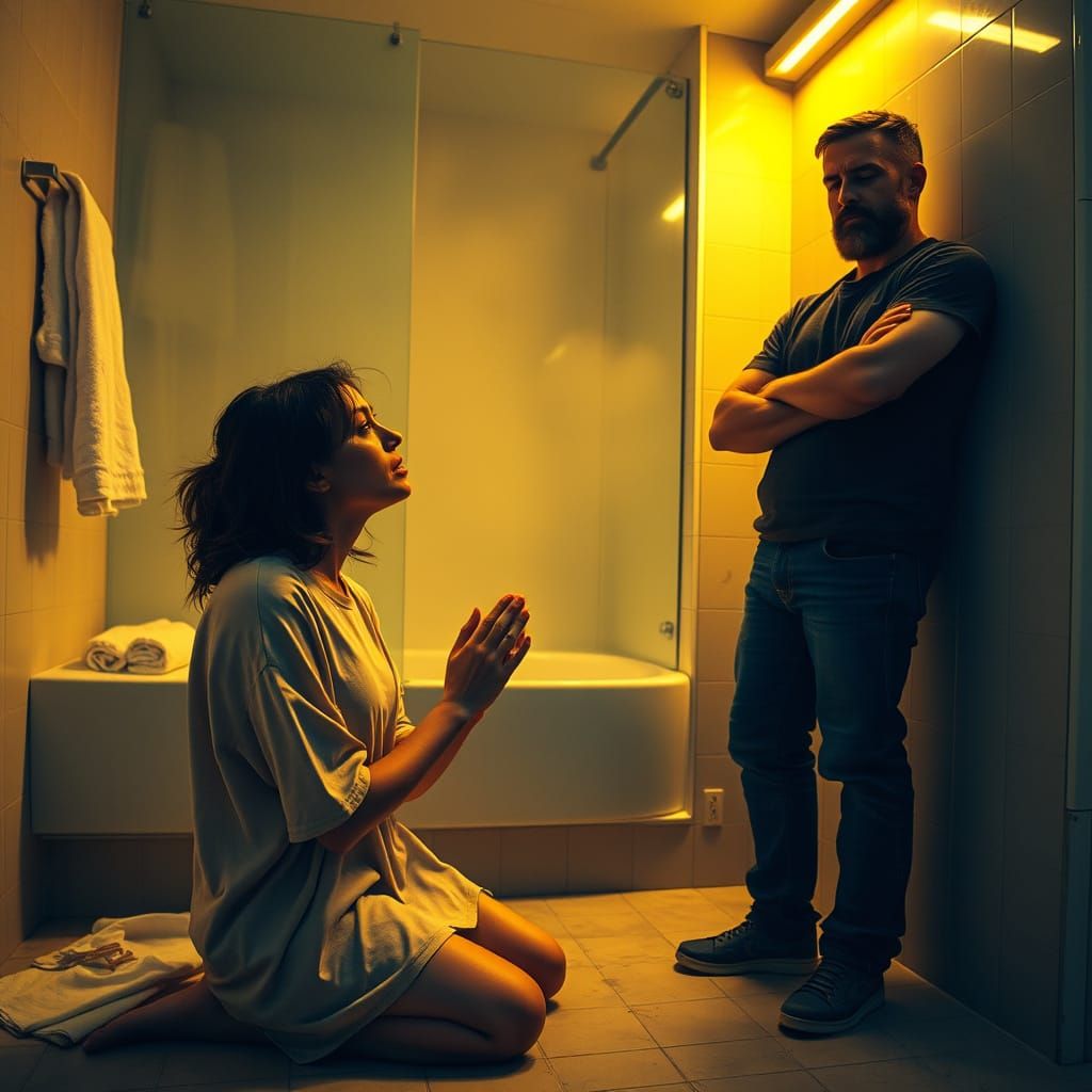 Distressed Woman Begging for Love in Foggy Bathroom