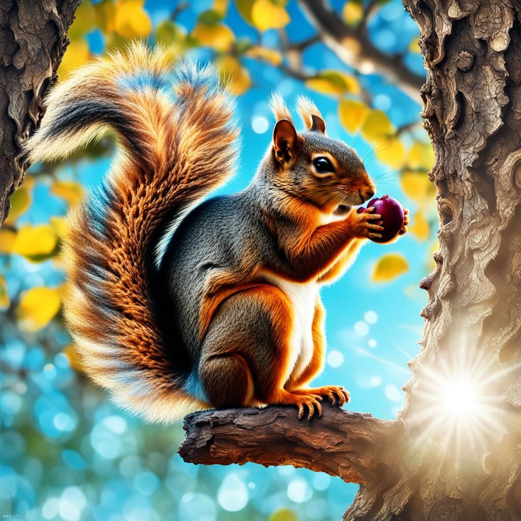 Squirrel Double Exposure: Forest and Summer Sky