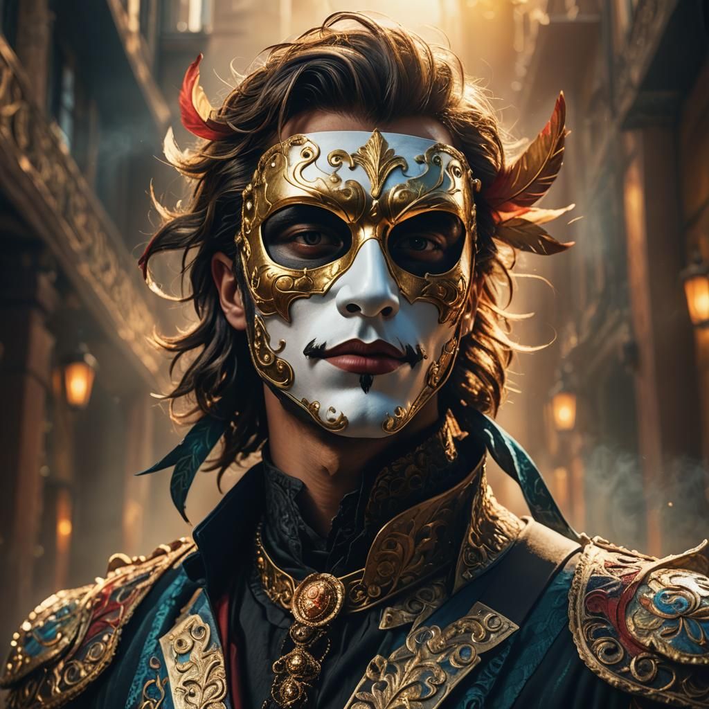 Fantasy Man in Mask: Detailed Art Deco Portrait