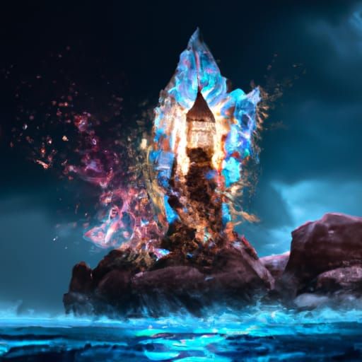A Lighthouse and Smashing Waves inside a Blue Crystal