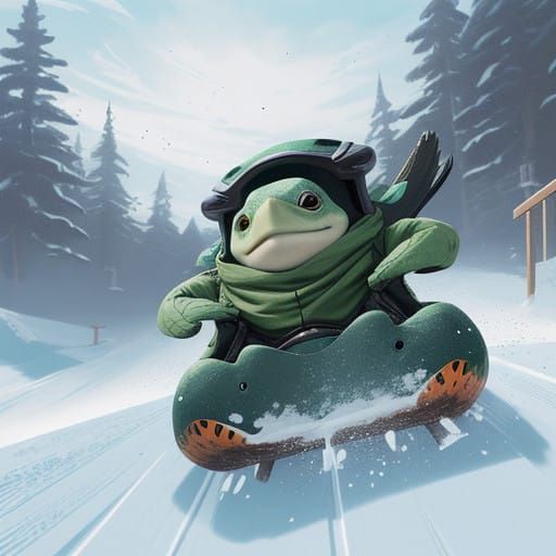 Charming Turtle Zooms Down Snowy Hill in a Burst of Color