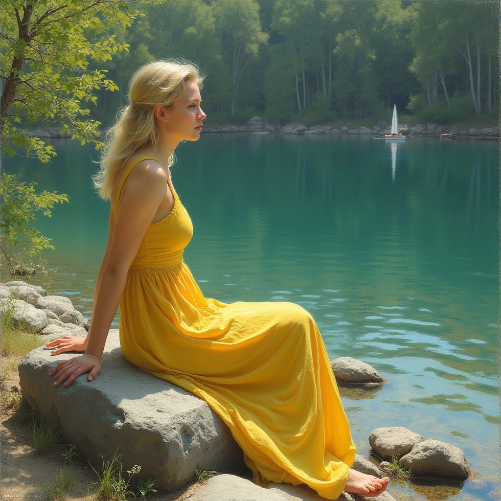 Blond Woman by Lake in Shishkin, Monet, Sargent Style