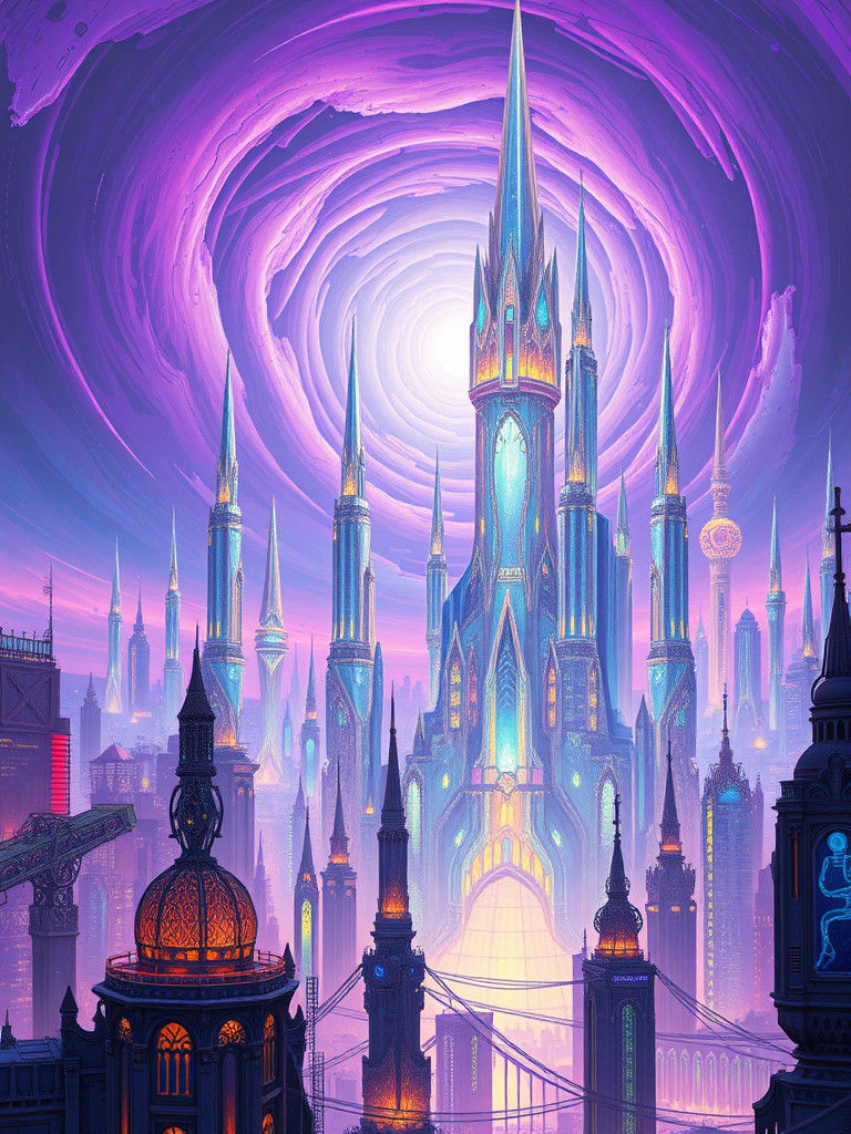 Futuristic Metropolis with Crystal Spires and Swirling Vorte...