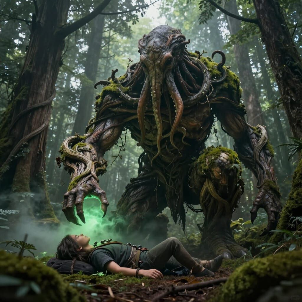 Giant Forest Healer Tends to Injured Adventurer