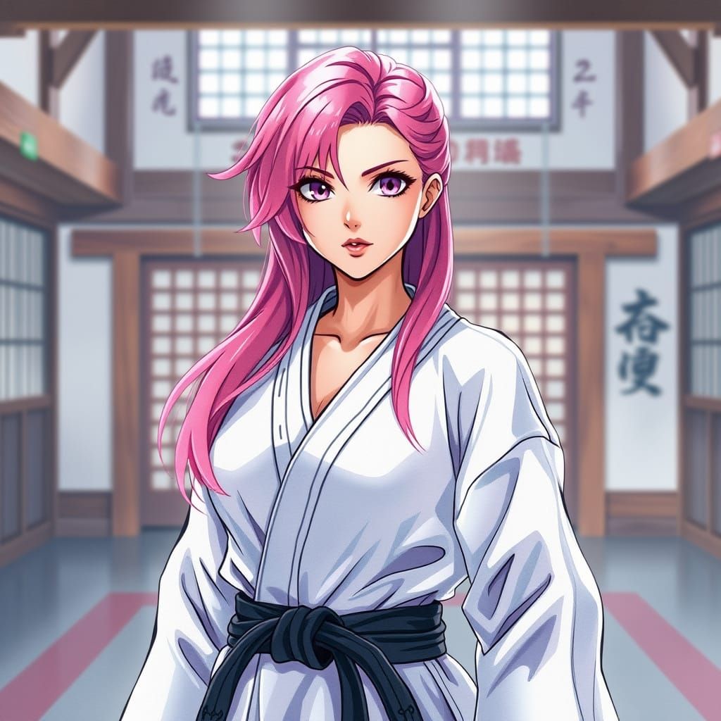 Pink-Haired Woman in Dojo, Watercolor Manga Style