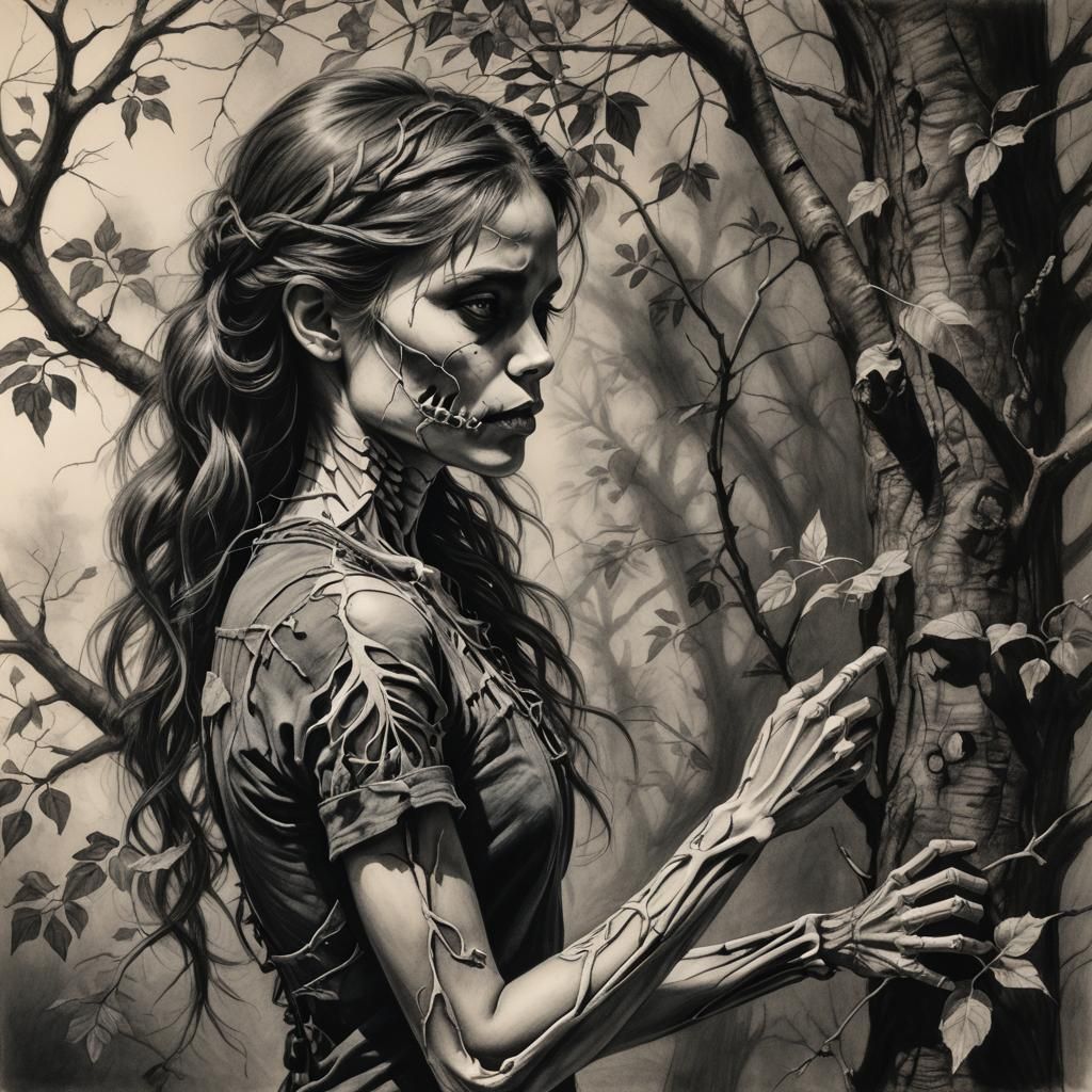 Charcoal Drawing of Girl Skeleton Picking Leaves