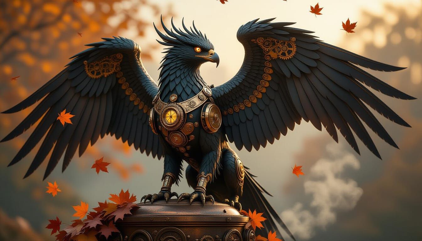 Steampunk Griffin with Autumn Leaves in Golden Hour
