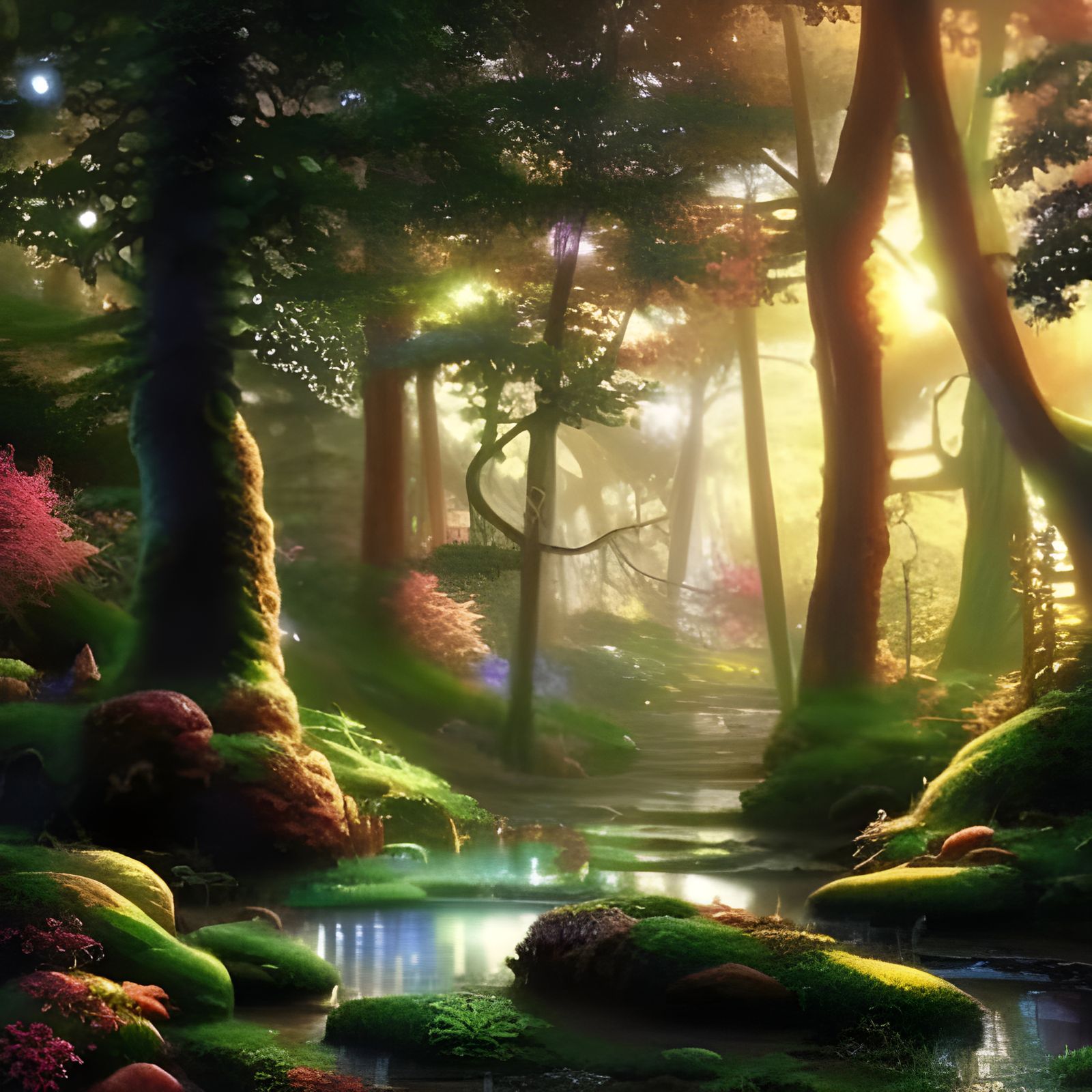 Ethereal Fantasy Forest in Sunrise Glow