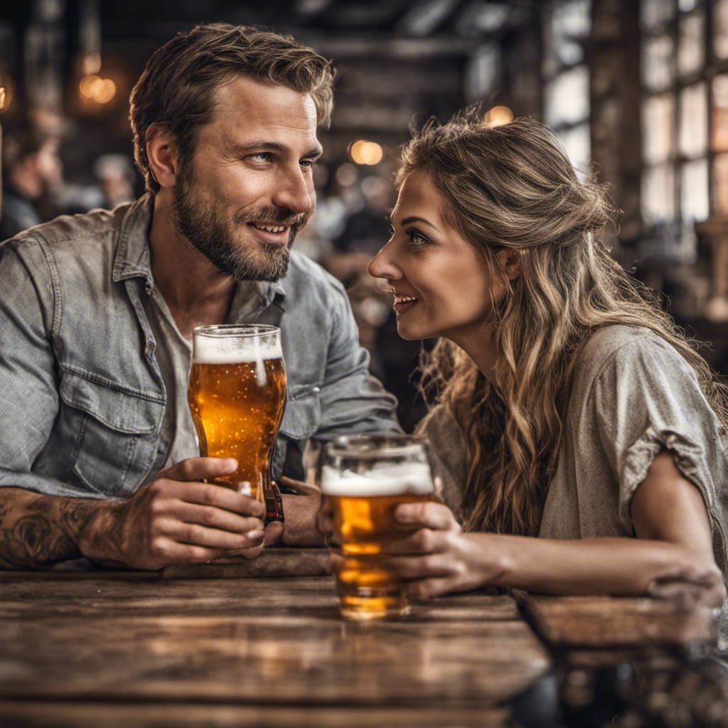 Romantic Brewery Scene: Couple Cheersing in Hyperrealistic D...