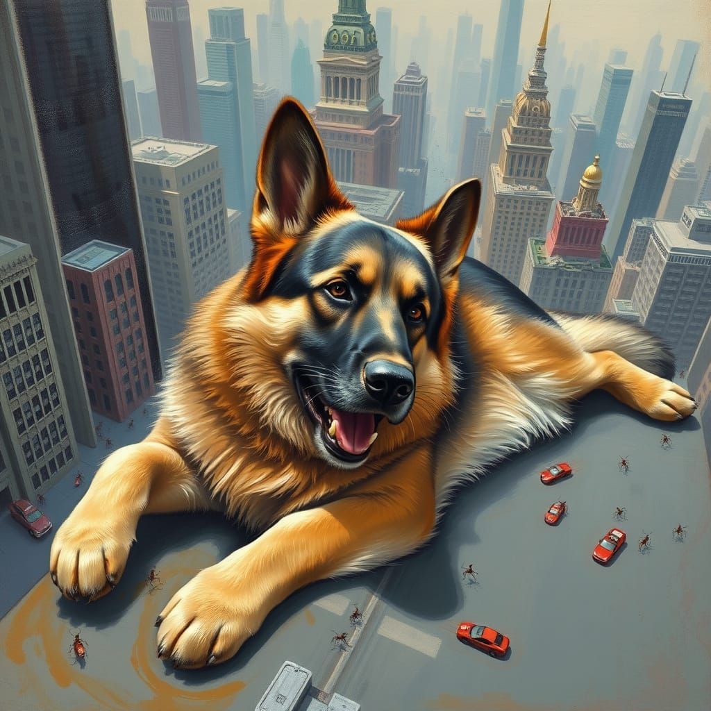 Surrealist German Shepherd in a Melting Cityscape