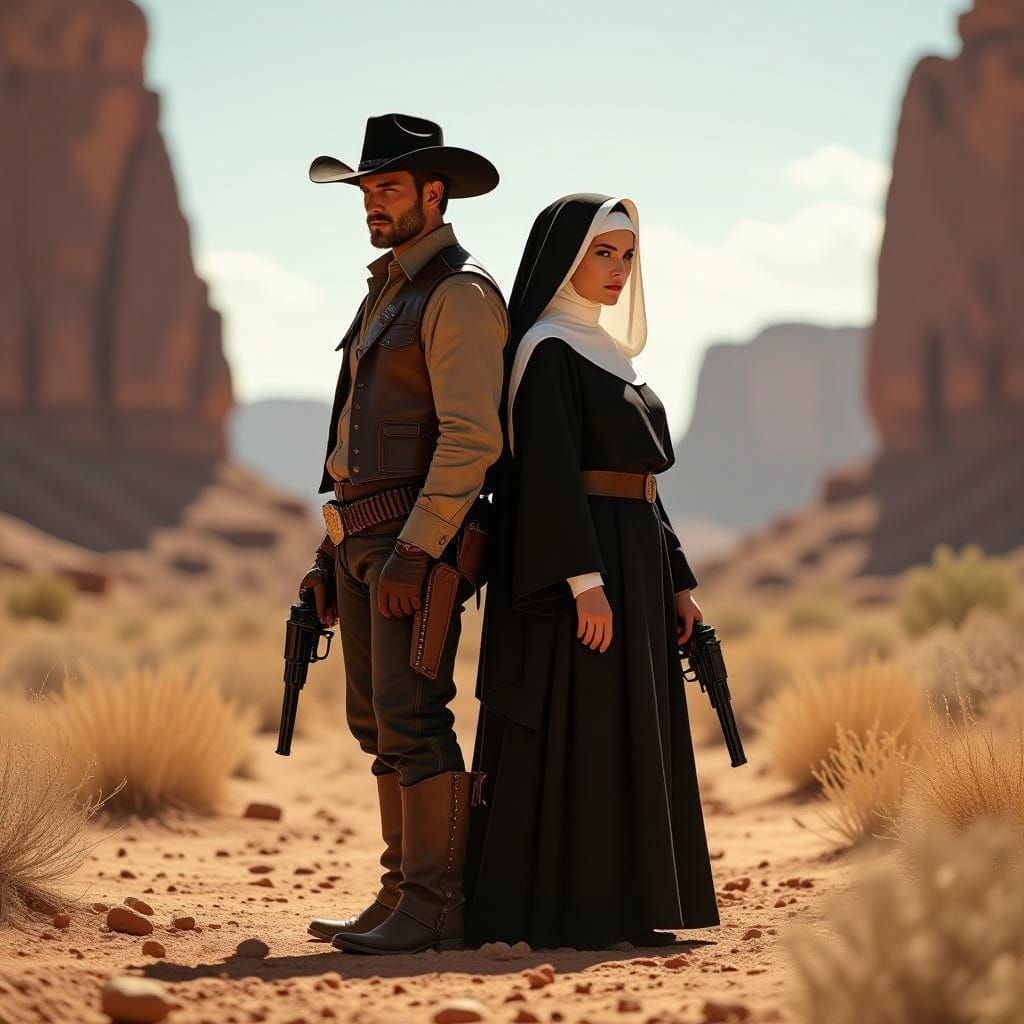 Gritty Gunslinger Nun Stands Back to Back in Dusty Terrain