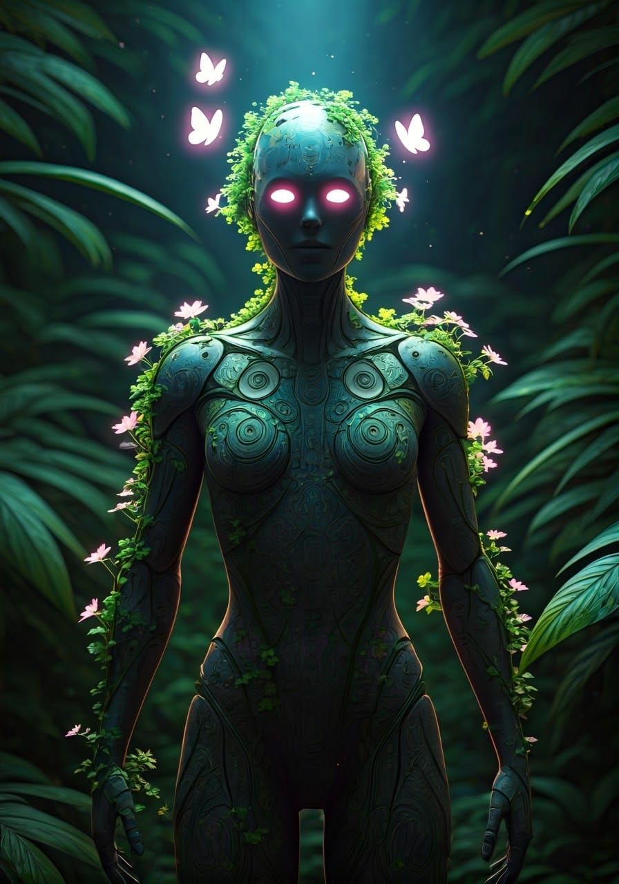 Futuristic Robot in Lush Greenery with Glowing Butterflies
