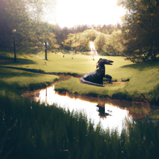 Dragon Statue Reflecting in Pond Meadow Landscape