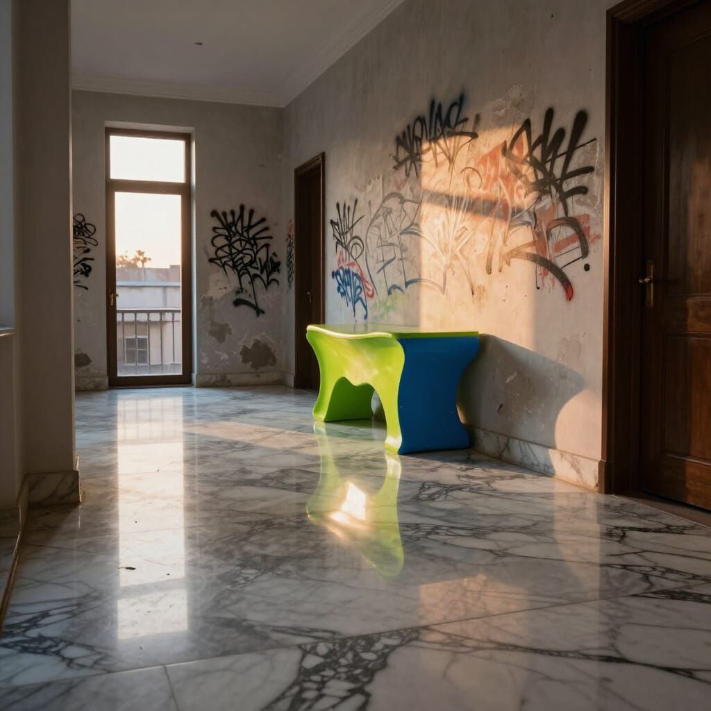 Surreal Hallway with Graffiti and Neon Furniture