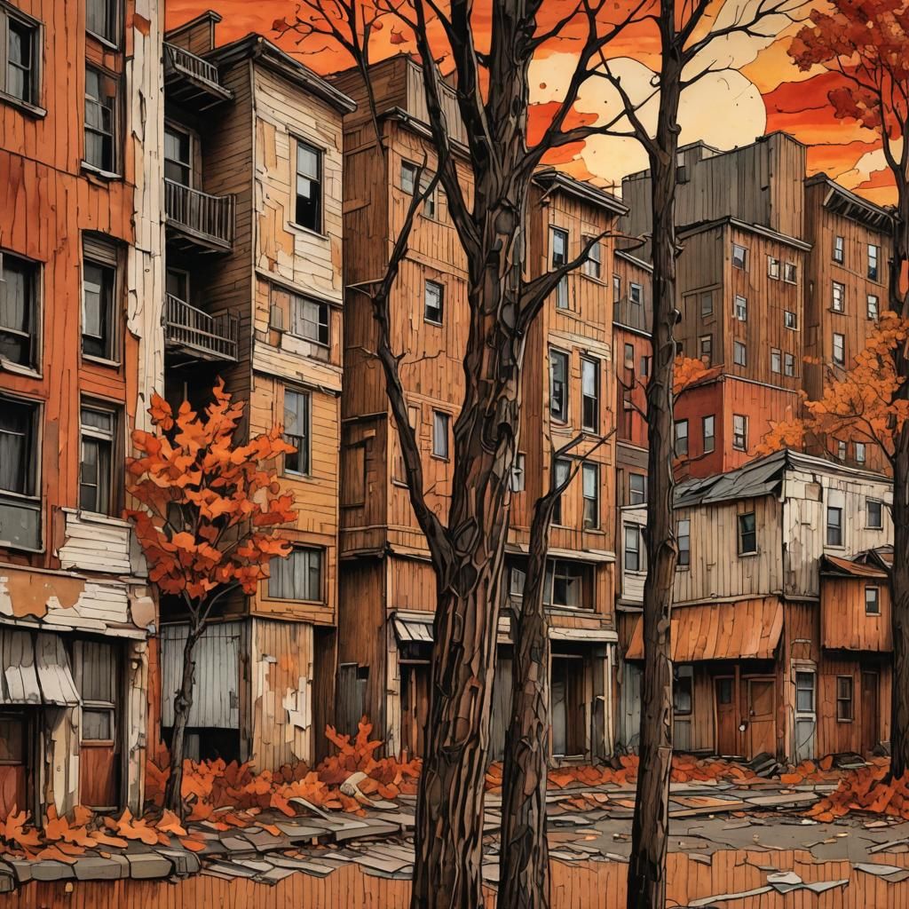 Grungy Derelict Buildings at Sunset with Autumn Colors