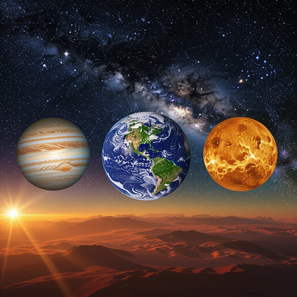 Cosmic Alignment: Venus, Earth, and Mars in Starry Sky
