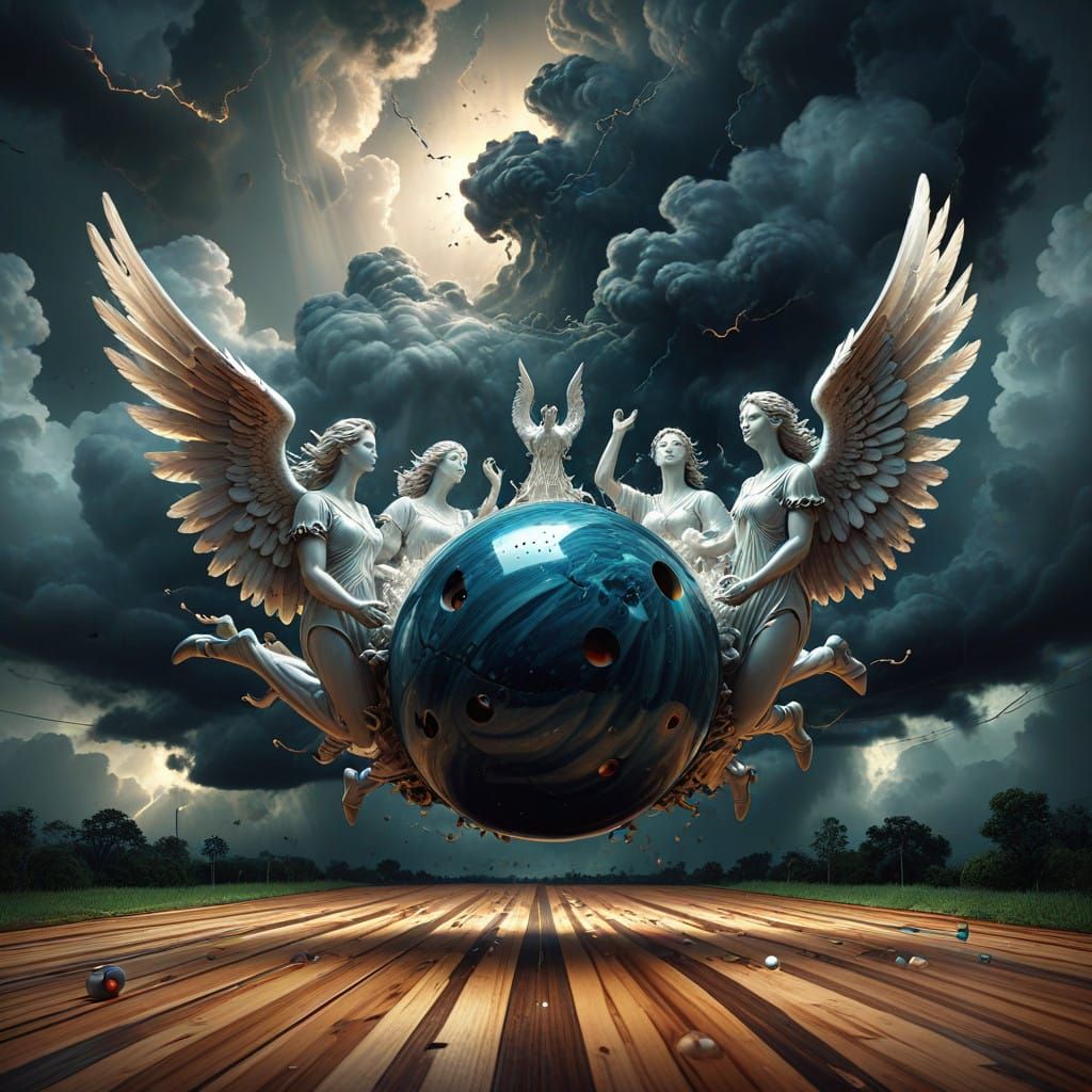 Angels Bowling on Stormy Skies in Magical Realism Style