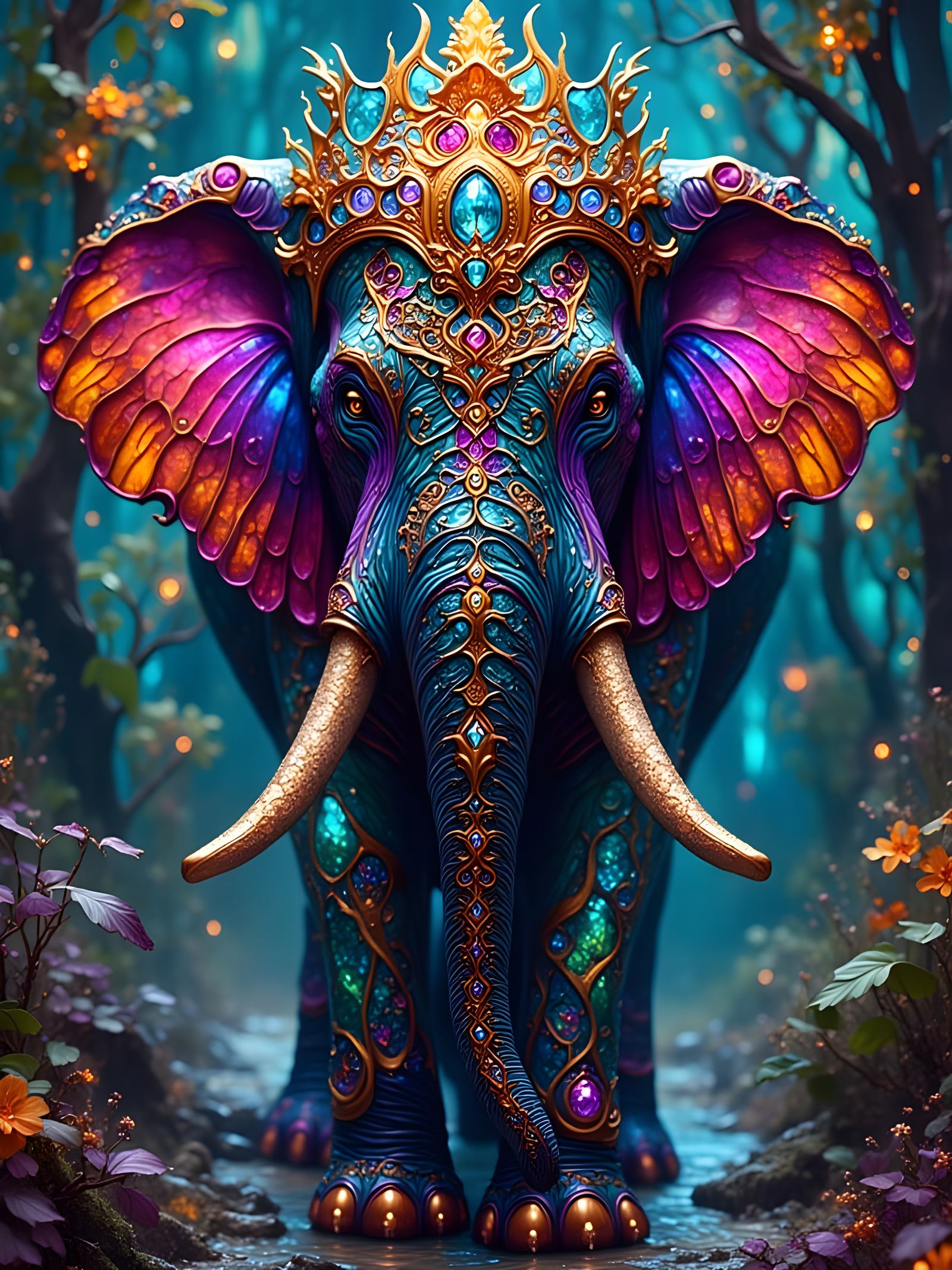 Vibrant Neon Elephant with Intricate Designs and Jewels