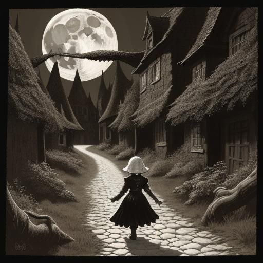 Dark Fantasy Creature Walks to Moon in Sepia Tones