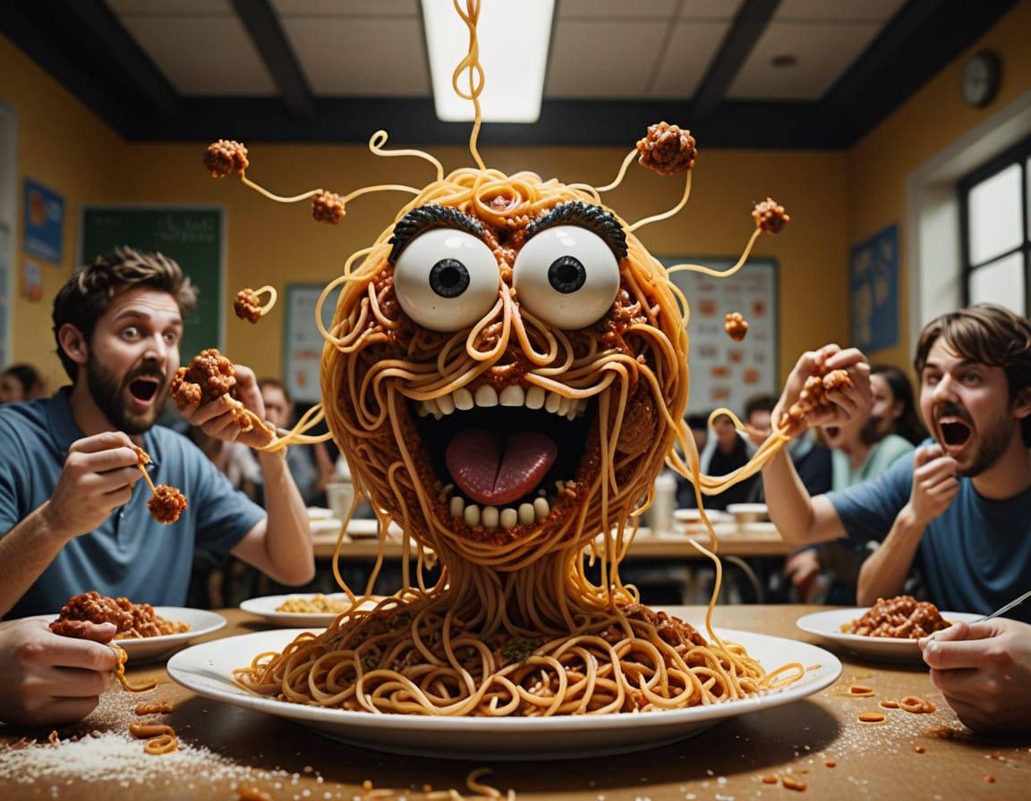 Spaghetti Food Fight in School Canteen