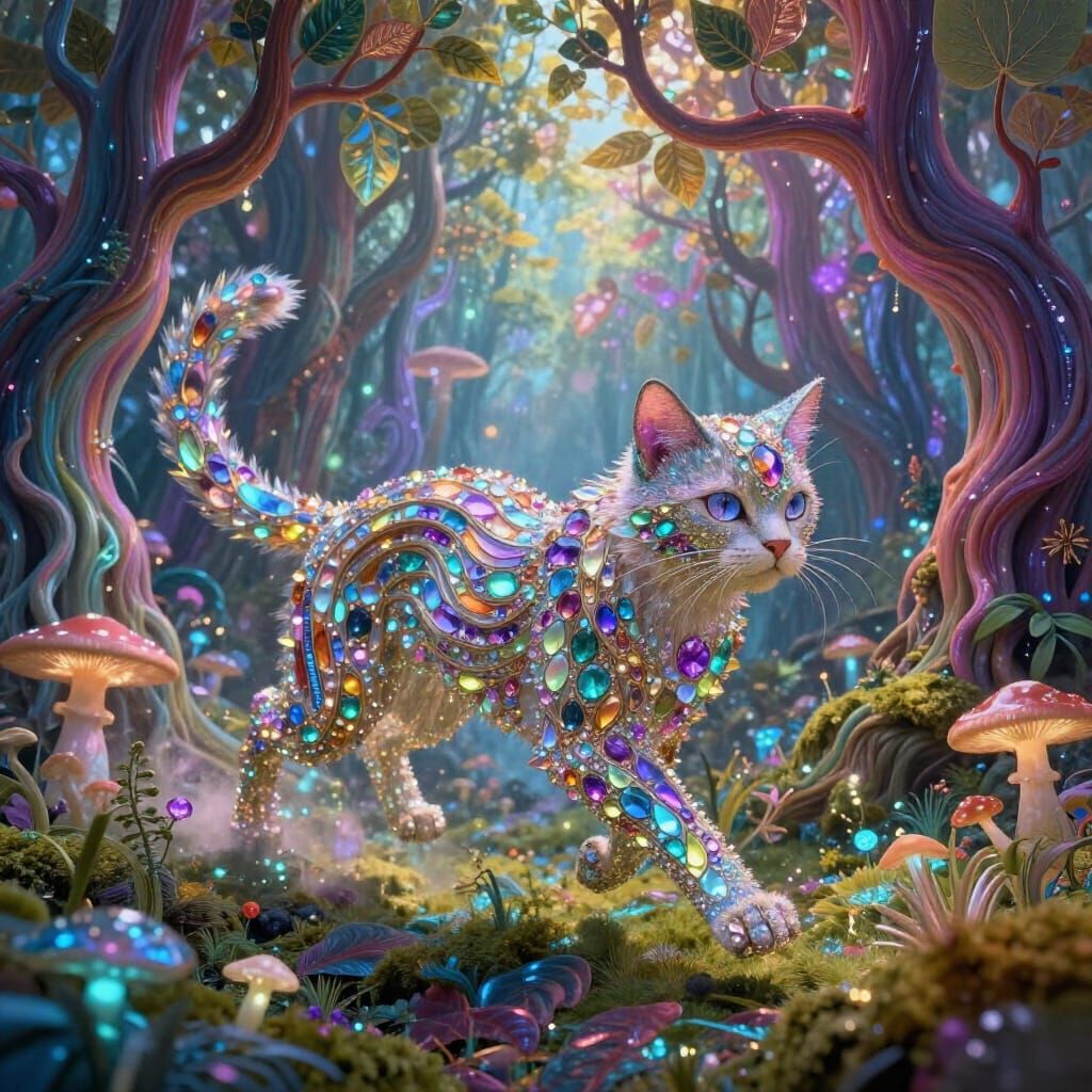 Gemstone Cat Races Through Surreal Rainbow Forest in Art Nou...