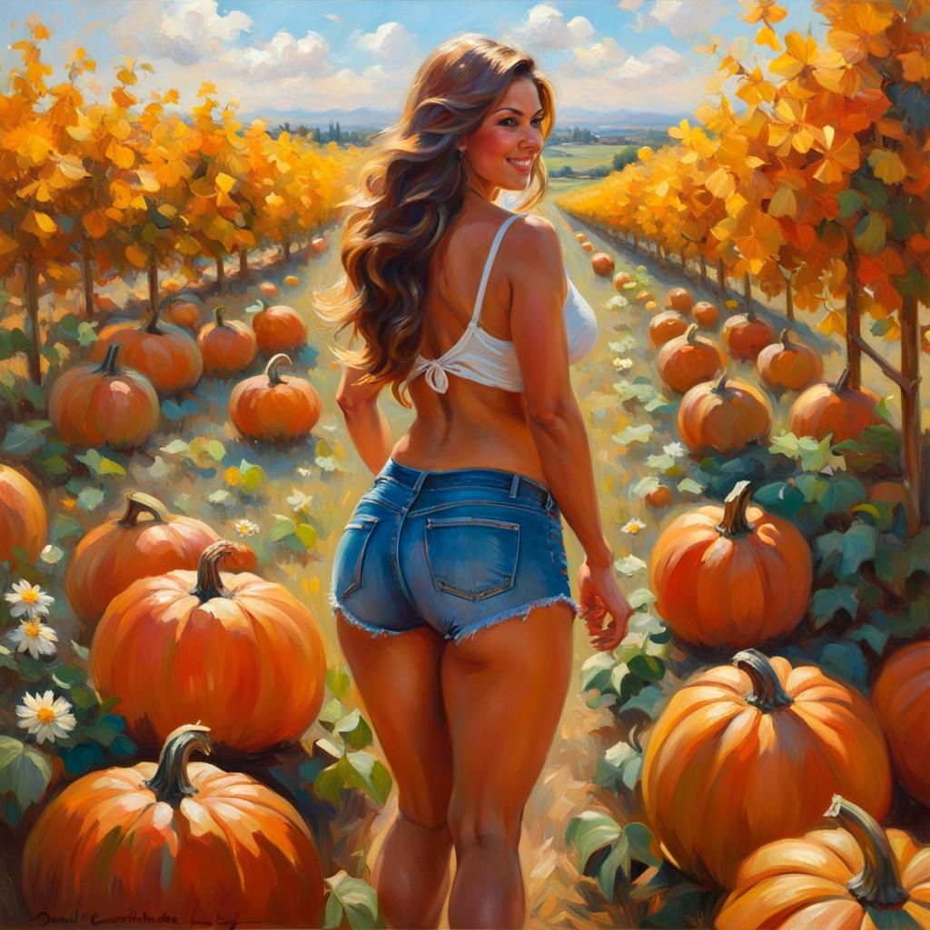 Beautiful thick ethnic woman with big booty wearing daisy dukes back facing the viewer while twerking. Pumpkin patch in ...