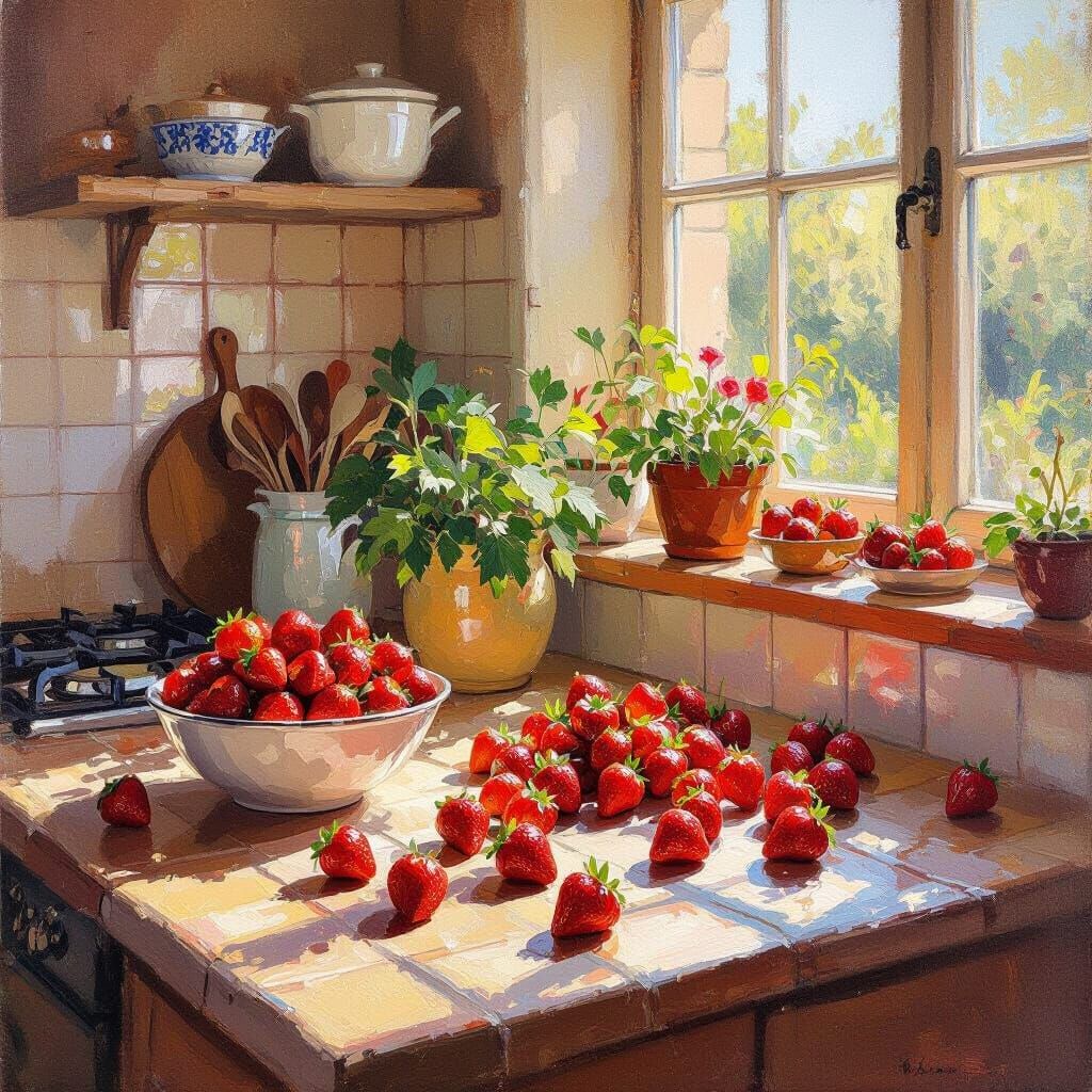 Sun-Drenched Kitchen with Abundant Strawberries
