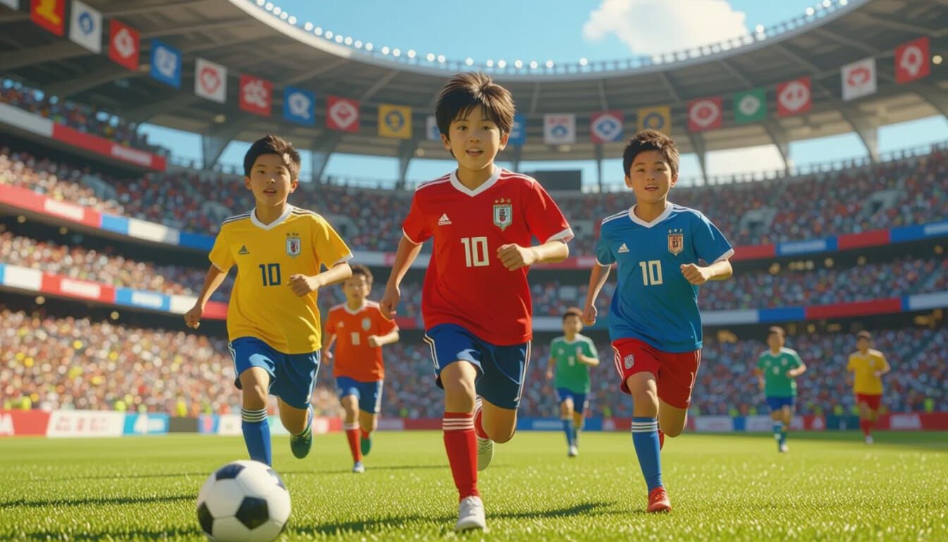 Japanese Boys Play Football in Sunny Stadium