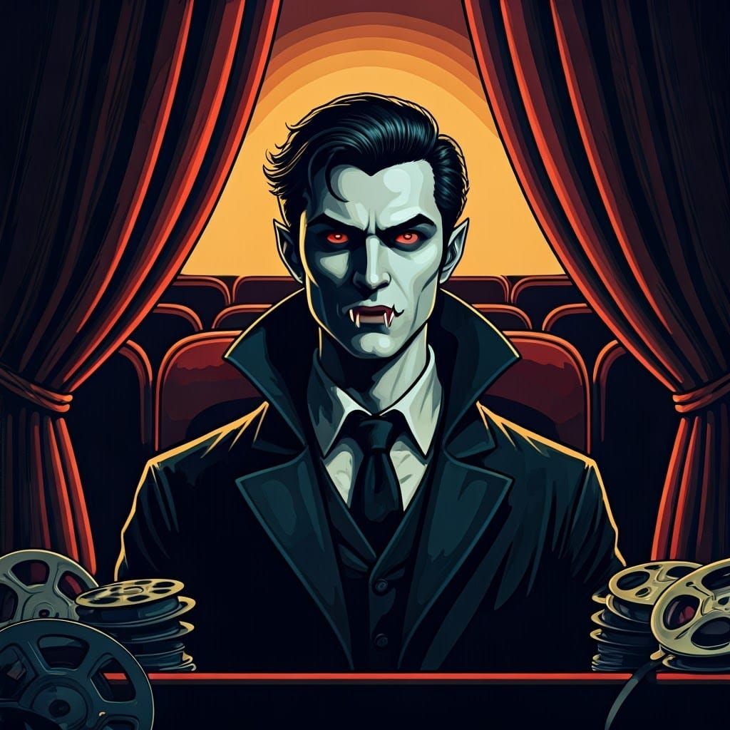 Modern Vampire Watches Horror Movie in Gothic Theater