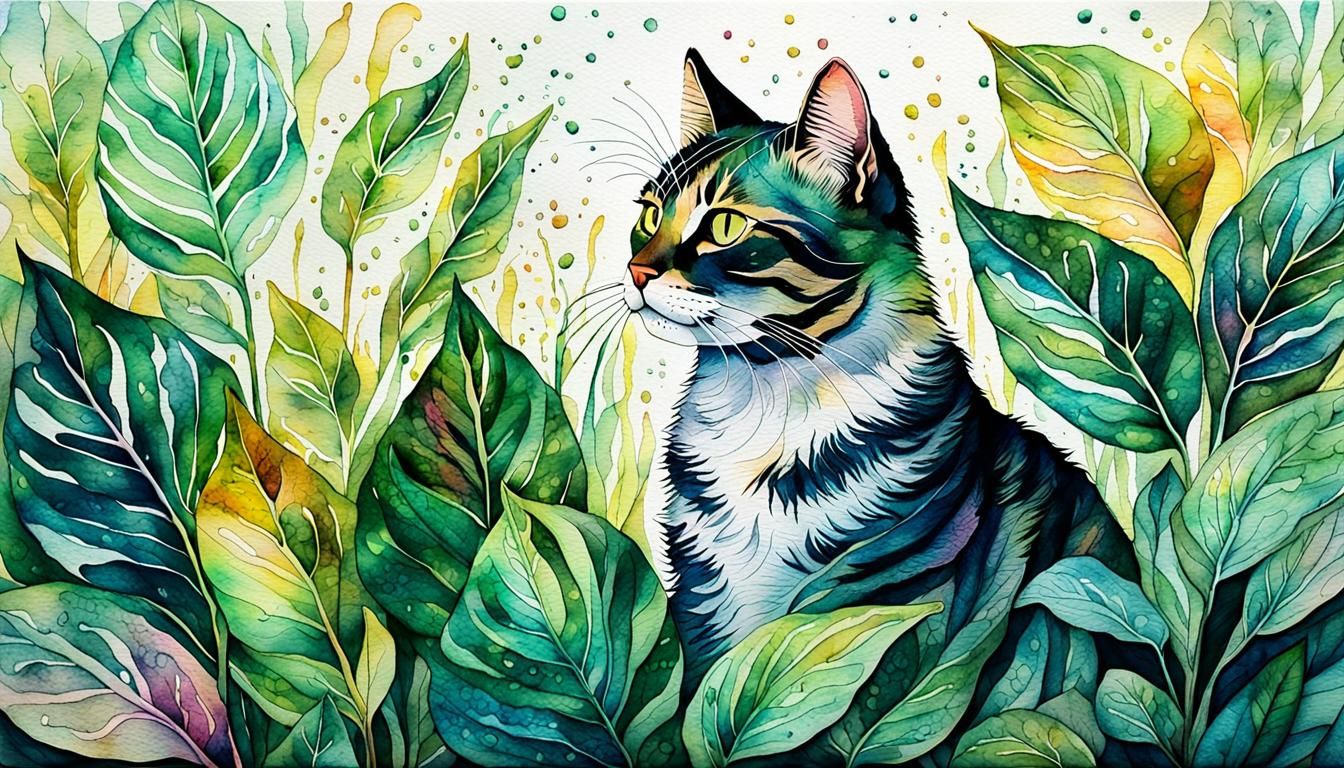 Cat in Calathea Foliage: Watercolor and Ink Masterpiece