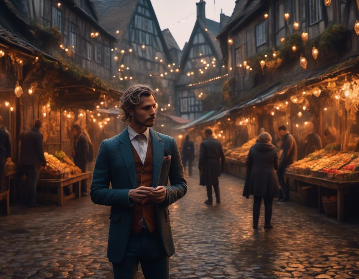 Man in Suit Lost in Medieval Market, Cyberpunk Style
