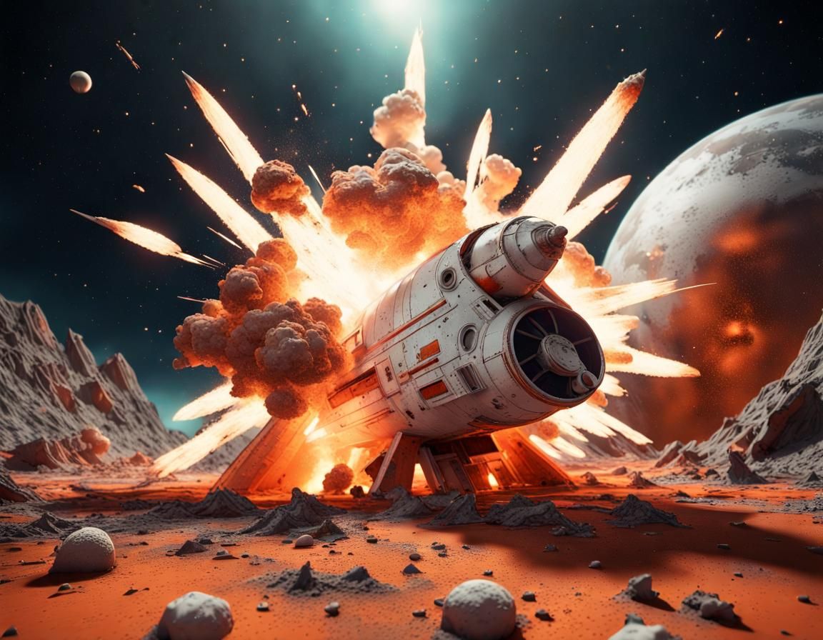 Crashed Retro Rocketship in Deep Space Diorama