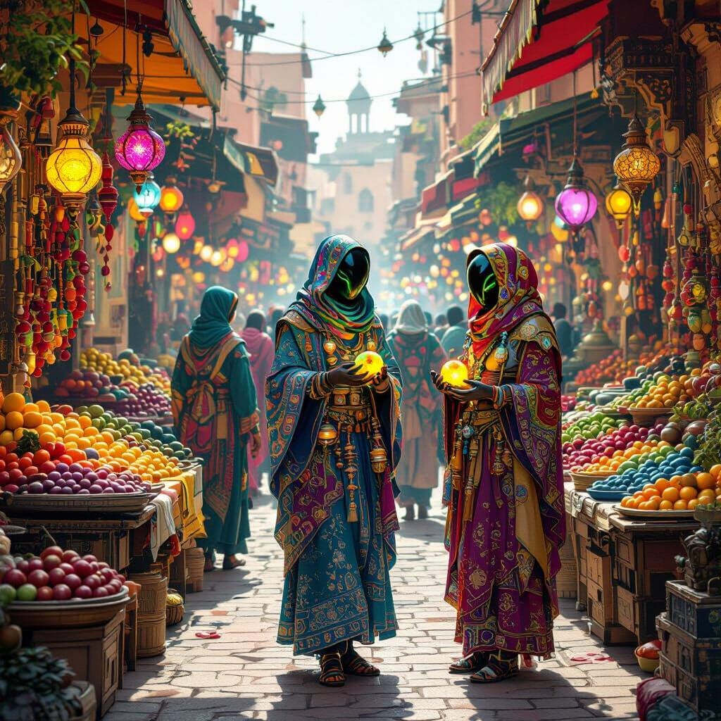 Alien Merchants Selling Glowing Produce in a Market