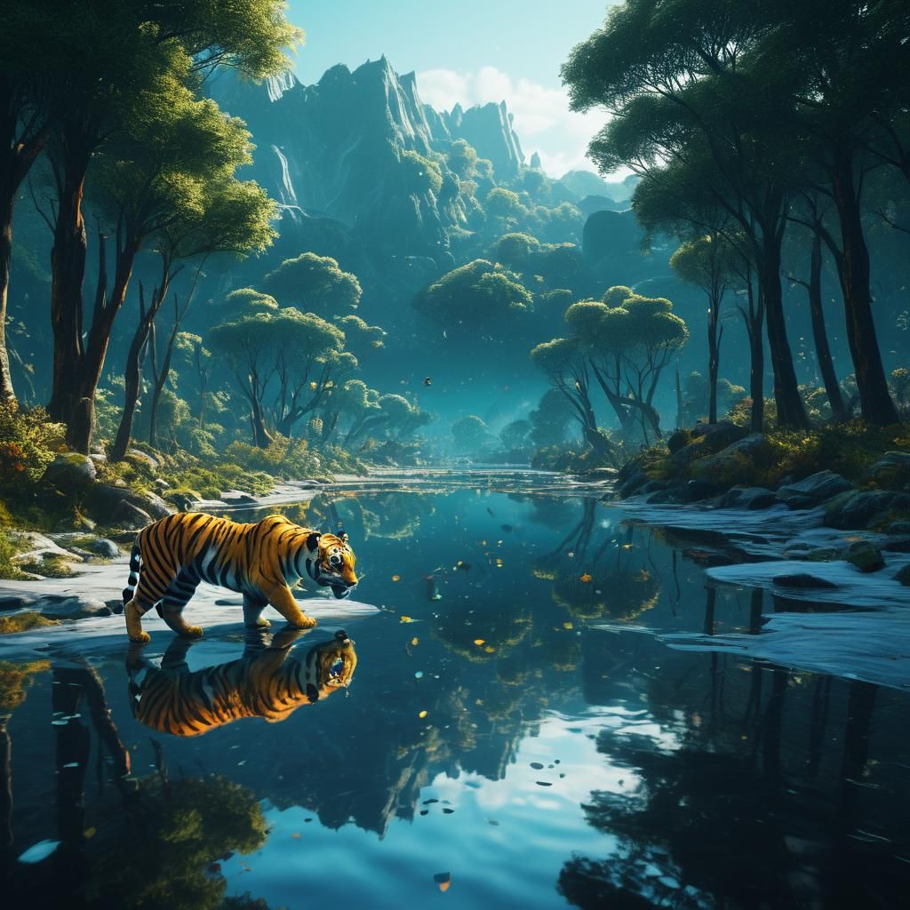 Tiger Reflection in River: Fantasy Concept Art