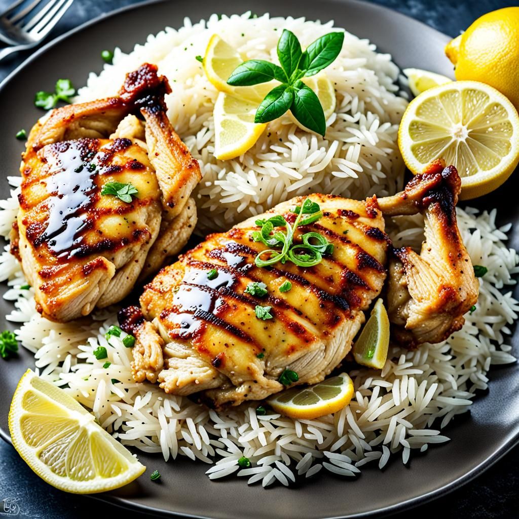 Hyperrealistic Lemon Chicken with Rice, Detailed Image