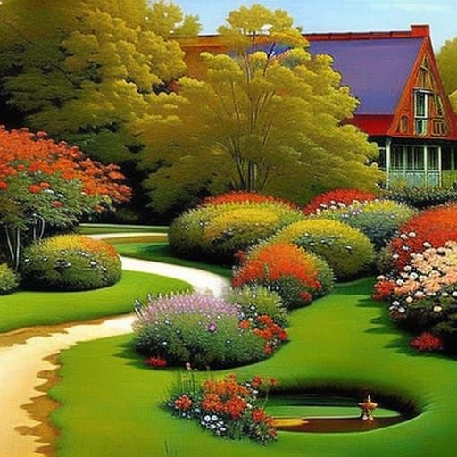 Colorful Garden Scene Inspired by Hudson River School