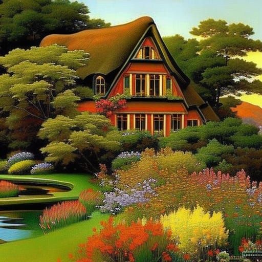 Idyllic Cottage Garden Scene Inspired by Hudson River School